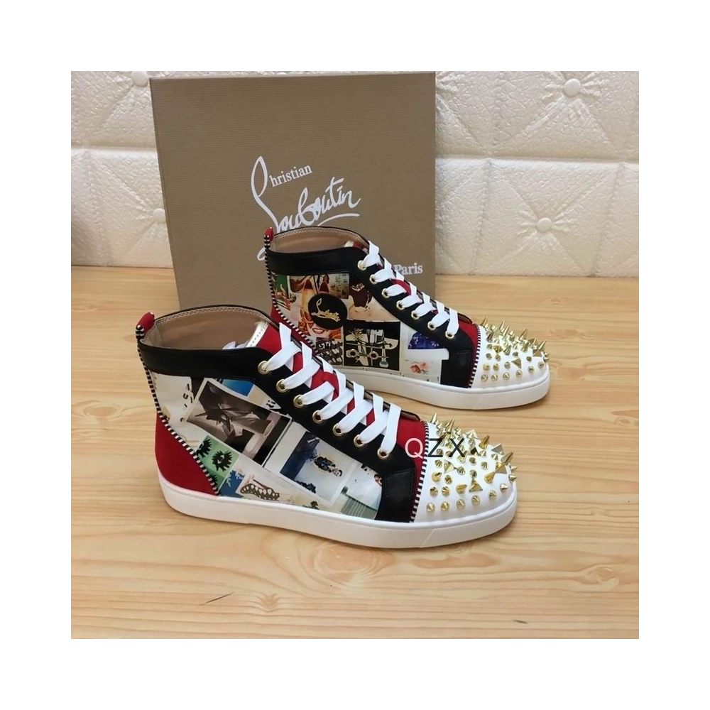 Cheap Christian Louboutin Lou Spikes Orlato High-top Sneakers Velvet and Calf Multicolor for Sale