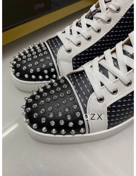 Fake Christian Louboutin Lou Spikes Orlato High-top Sneakers Canvas And Leather Black White Navy