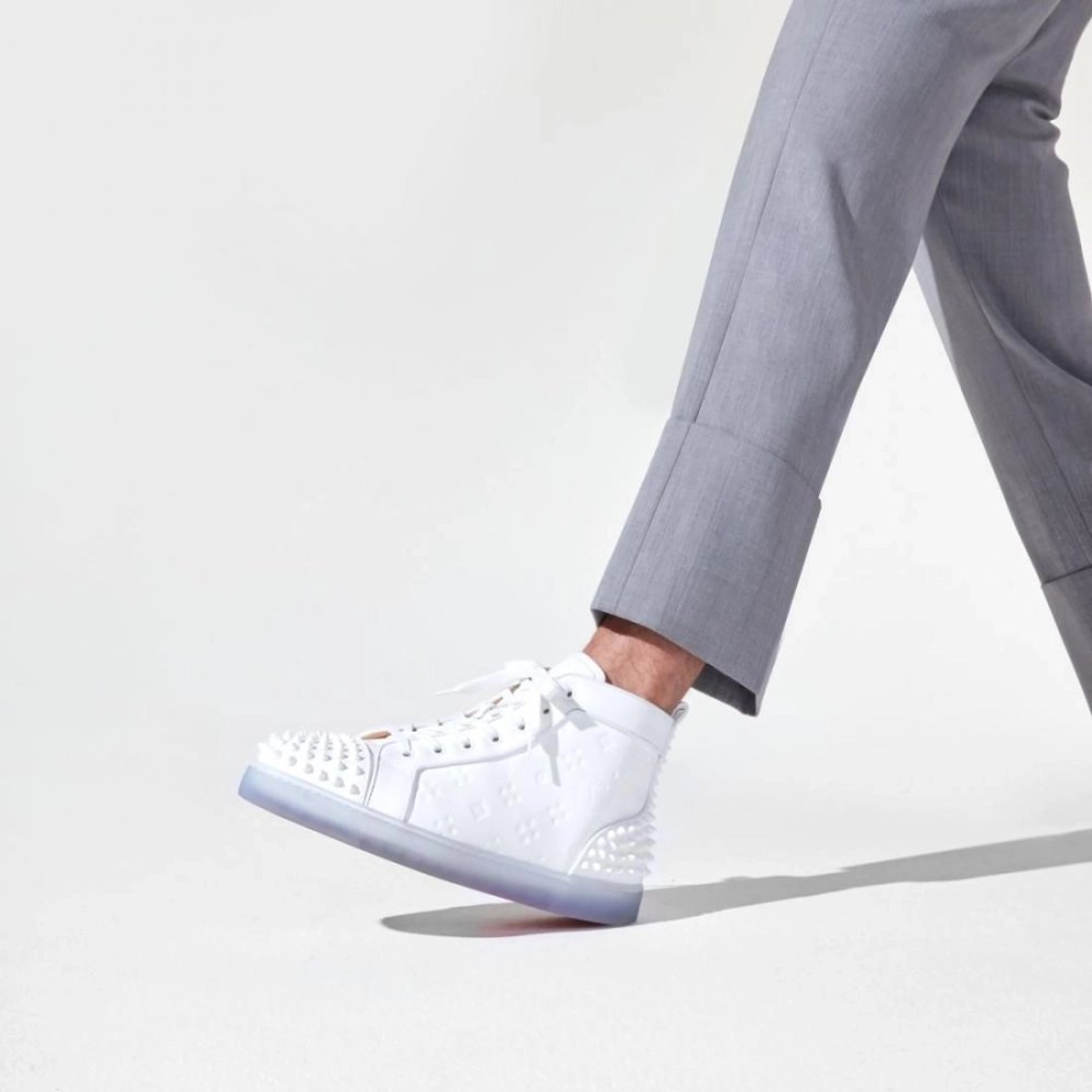 Cheap Christian Louboutin Lou Spikes 2 Sneaker High-Top Embossed Calfskin White, Discount CL Shoes Outlet Store