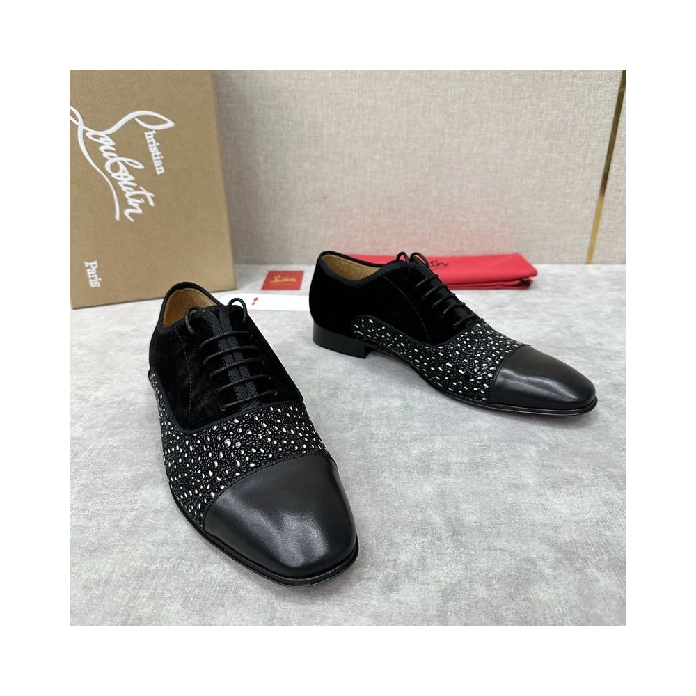 Replica Christian Louboutin Greggo Oxford Calf Leather Rhinestones and Velvet Black