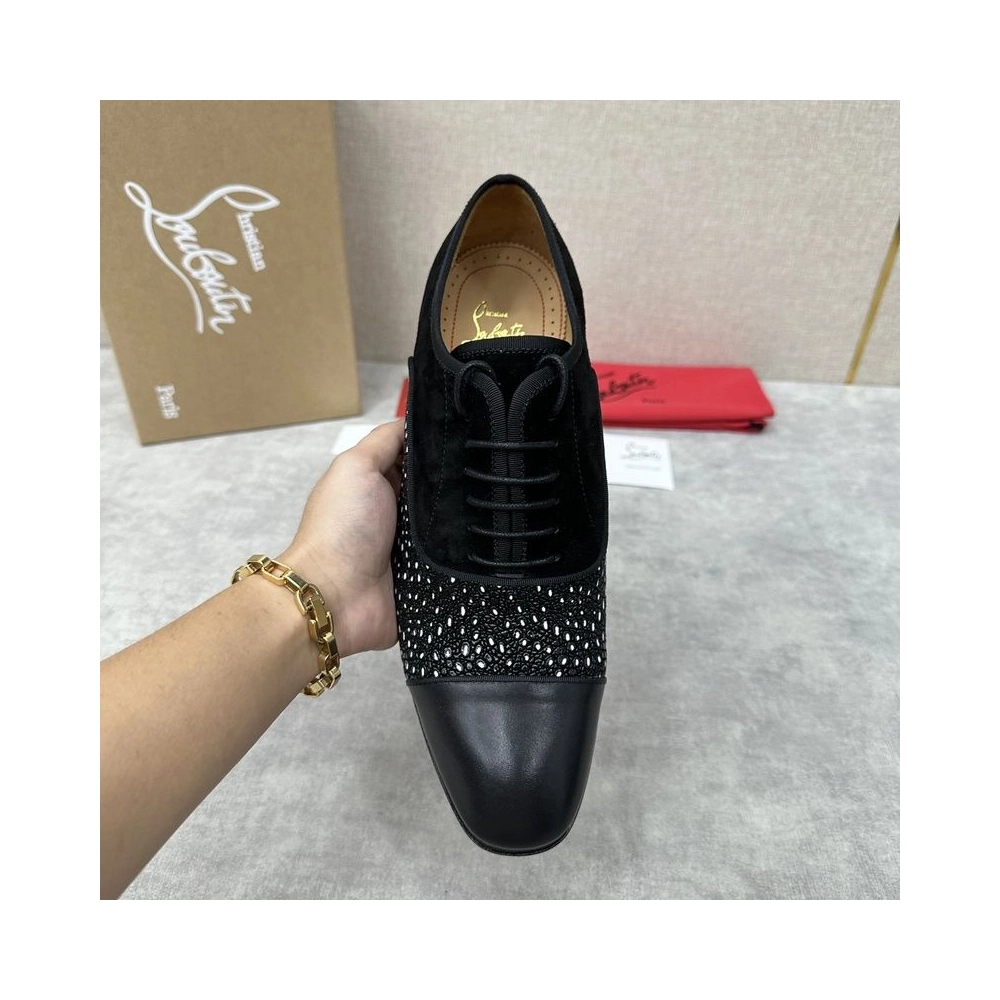 Replica Christian Louboutin Greggo Oxford Calf Leather Rhinestones and Velvet Black