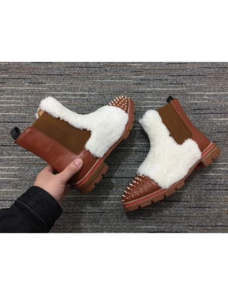 Fake Christian Louboutin Men Melon Spikes Boots Wool and Calf Leather Brown
