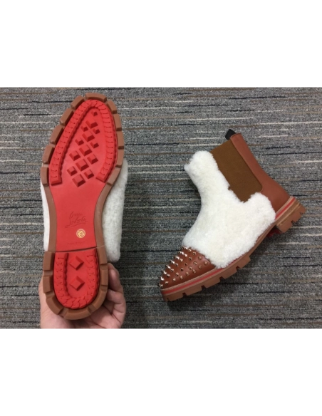 Fake Christian Louboutin Men Melon Spikes Boots Wool and Calf Leather Brown