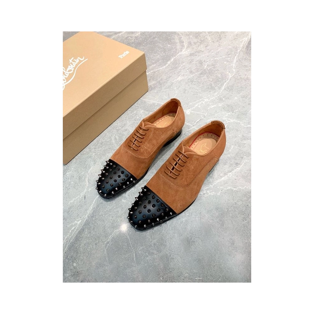 Discoun Christian Louboutin Gregossic Flat Oxford Spikes Calfskin and Suede Black Brown Outlet