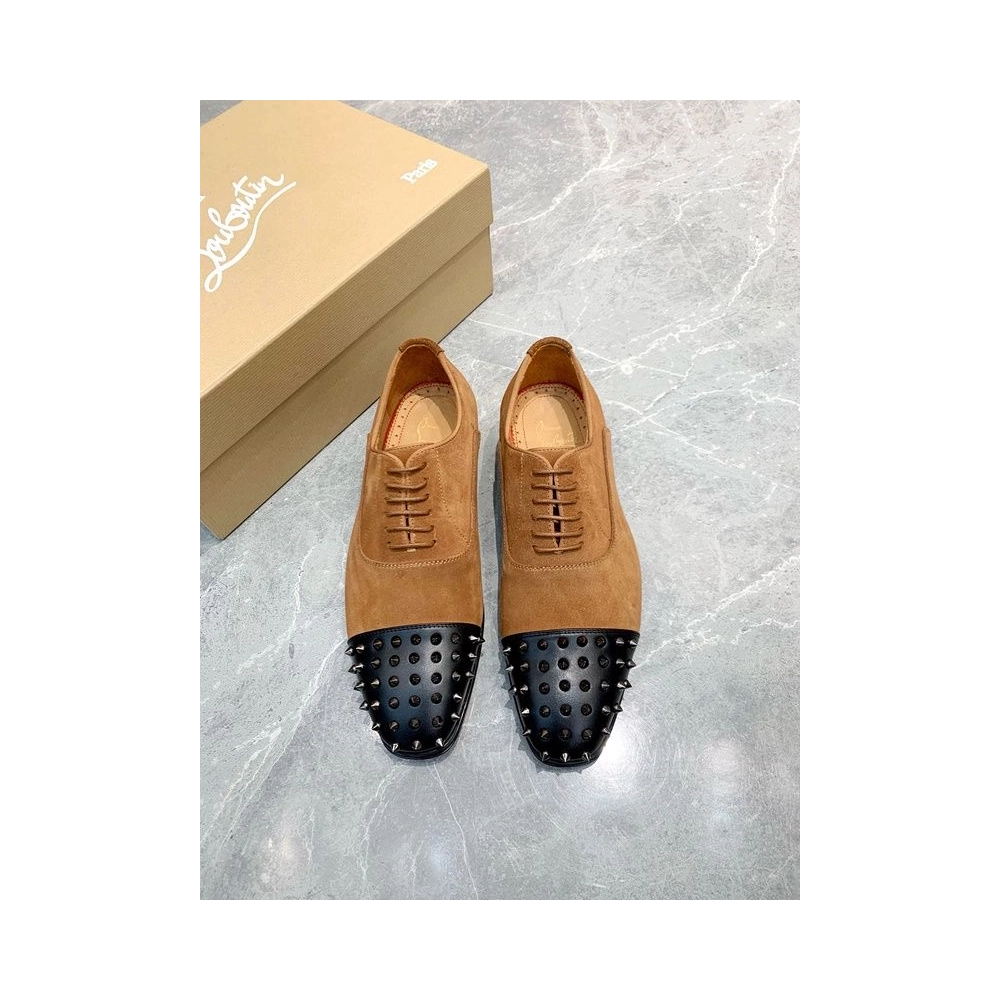 Discoun Christian Louboutin Gregossic Flat Oxford Spikes Calfskin and Suede Black Brown Outlet