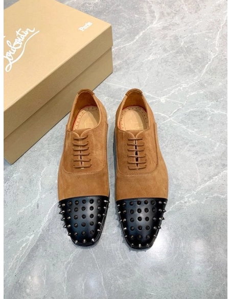 Discoun Christian Louboutin Gregossic Flat Oxford Spikes Calfskin and Suede Black Brown Outlet