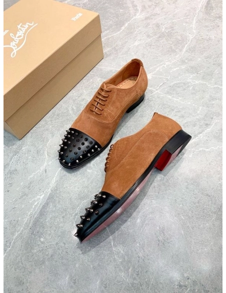 Discoun Christian Louboutin Gregossic Flat Oxford Spikes Calfskin and Suede Black Brown Outlet