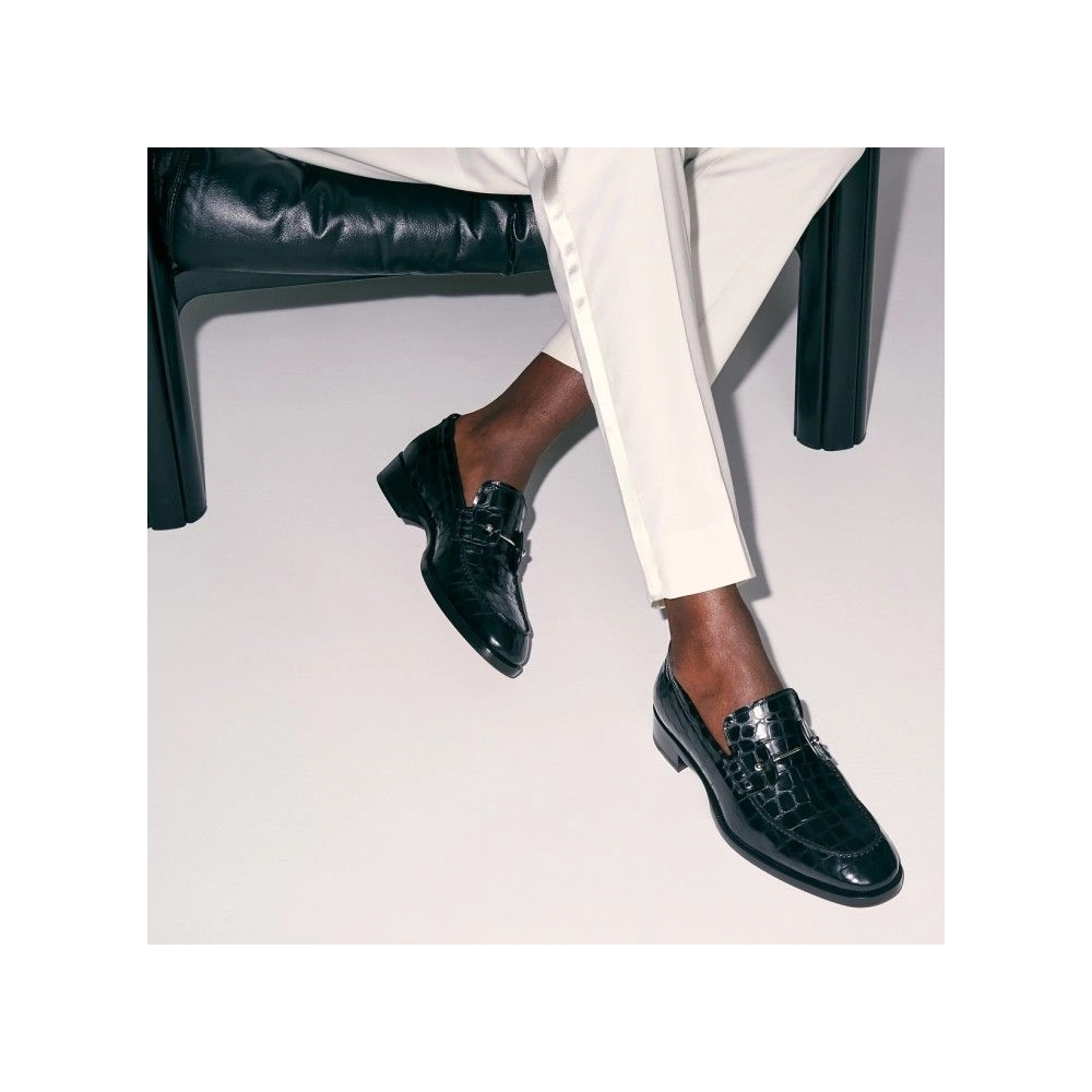 Discount Christian Louboutin Chambelimoc Loafers Alligator Embossed Calf Leather Black Outlet