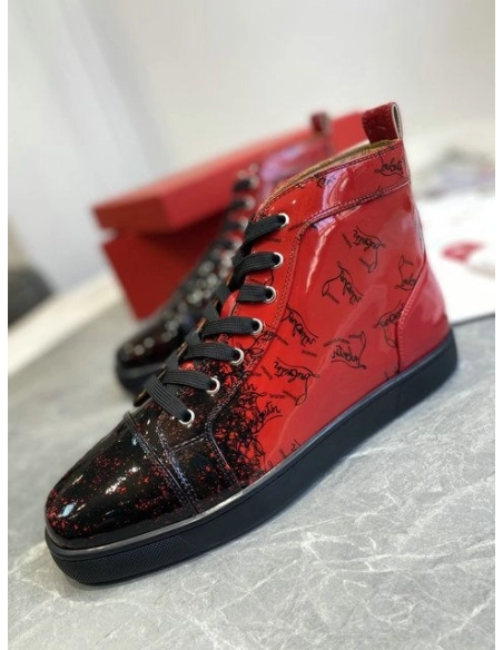 Cheap Christian Louboutin Louis Flat Degraloubi High-top Men Sneaker Patent Leather Black Red