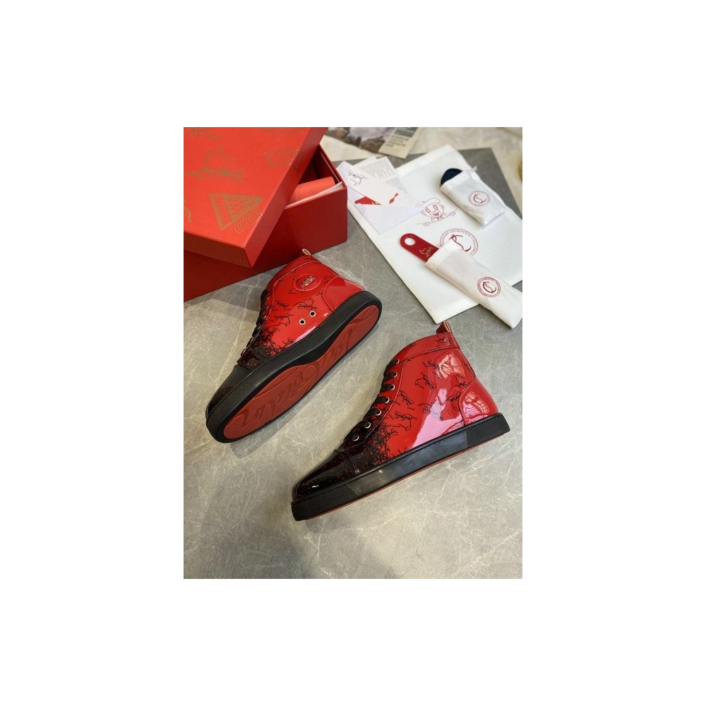 Cheap Christian Louboutin Louis Flat Degraloubi High-top Men Sneaker Patent Leather Black Red