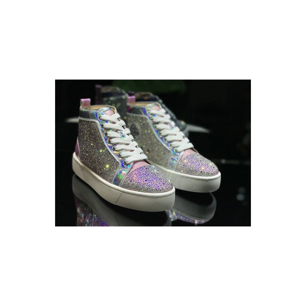 Cheap Christian Louboutin Louis Flat High-Top Men Sneakers Crystals Embellished Iridescent Leather Pink