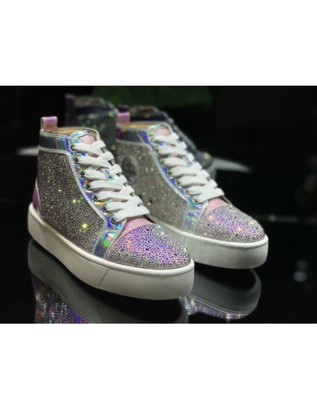 Cheap Christian Louboutin Louis Flat High-Top Men Sneakers Crystals Embellished Iridescent Leather Pink
