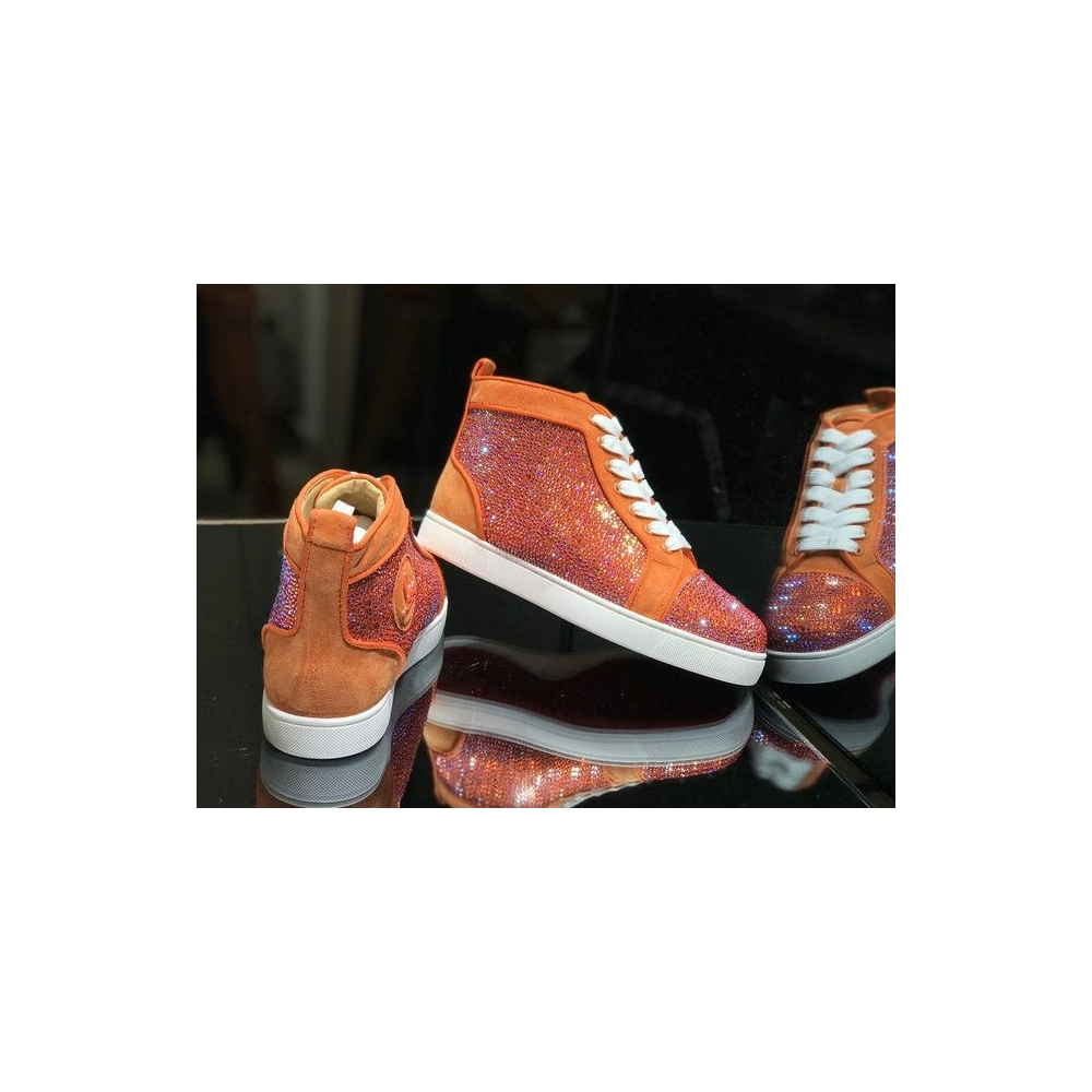 Cheap Christian Louboutin Louis Strass High-Top Sneakers Veau Velous and Strass Orange White for Sale