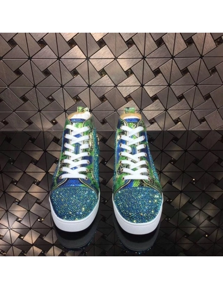 Christian Louboutin Louis Strass High-Top Sneakers Python Leather Blue Green Outlet Sale