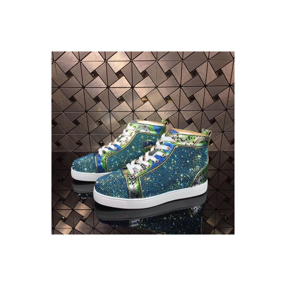 Christian Louboutin Louis Strass High-Top Sneakers Python Leather Blue Green Outlet Sale