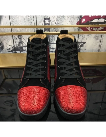 Christian Louboutin Louis Strass Orlato Flat Sneakers Suede Black Red Outlet Sale
