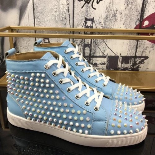 Discount Christian Louboutin Louis Spikes High-Top Sneakers Calf Leather Light Blue Outlet