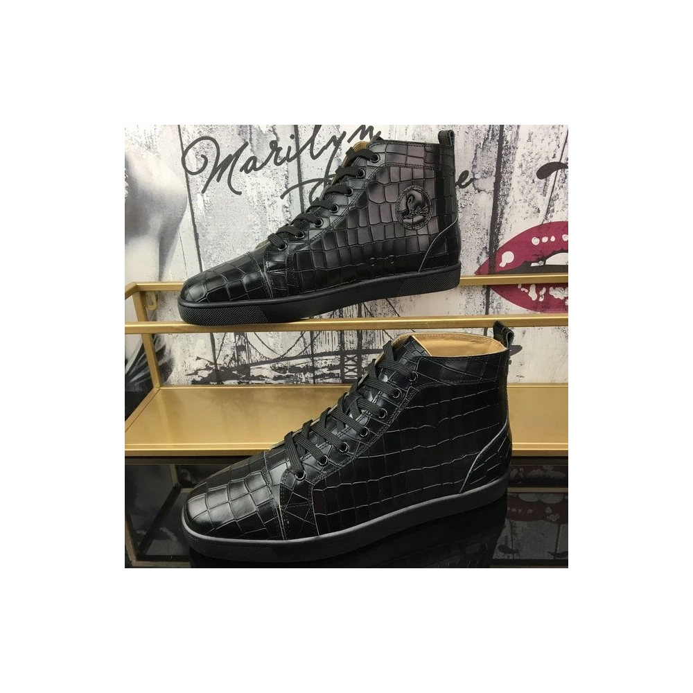 Knockoff Christian Louboutin Louis Flat High-Top Sneakers Crocodile Embossed Leather Black