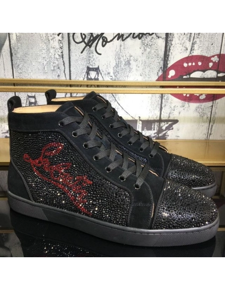 Cheap Christian Louboutin Louis Strass High-Top Sneakers Suede Logo Rhinestones Embellishment Black