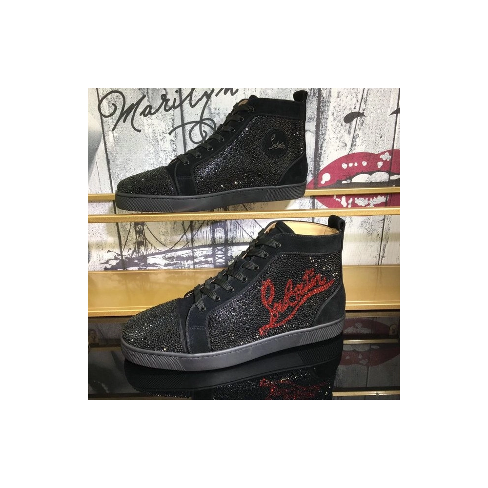 Cheap Christian Louboutin Louis Strass High-Top Sneakers Suede Logo Rhinestones Embellishment Black