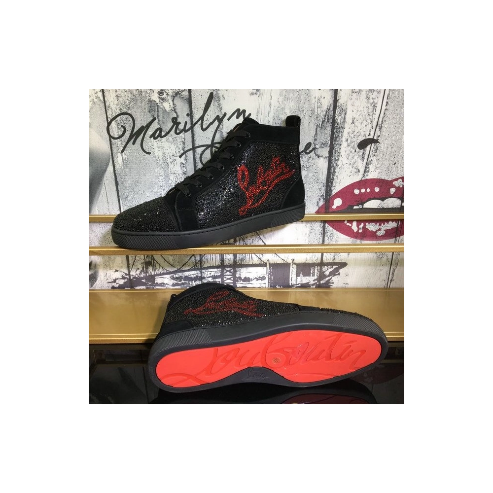 Cheap Christian Louboutin Louis Strass High-Top Sneakers Suede Logo Rhinestones Embellishment Black
