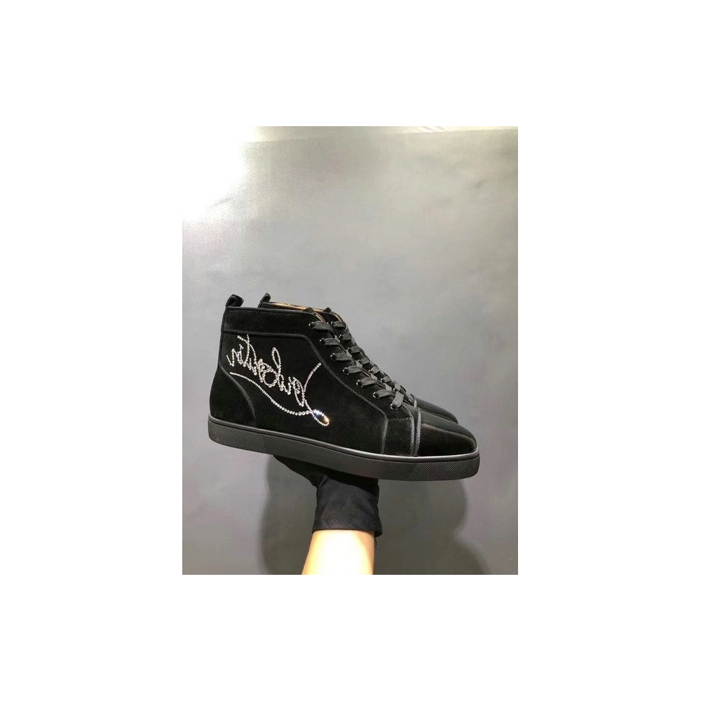 Christian Louboutin Louis Strass Flat High-top Sneakers Suede and Patent Leather Black Outlet Sale