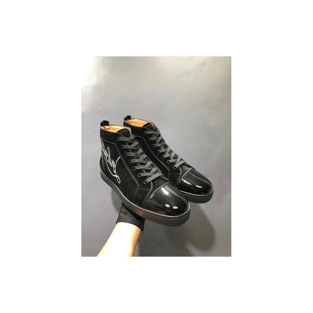 Christian Louboutin Louis Strass Flat High-top Sneakers Suede and Patent Leather Black Outlet Sale