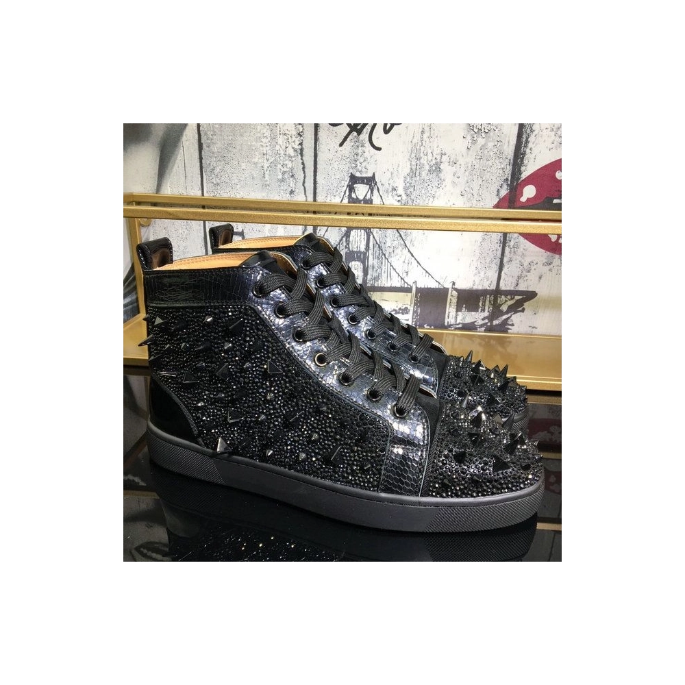 Fake Christian Louboutin Lou Pik Pik Strass High-Top Sneakers Spikes Leather Black