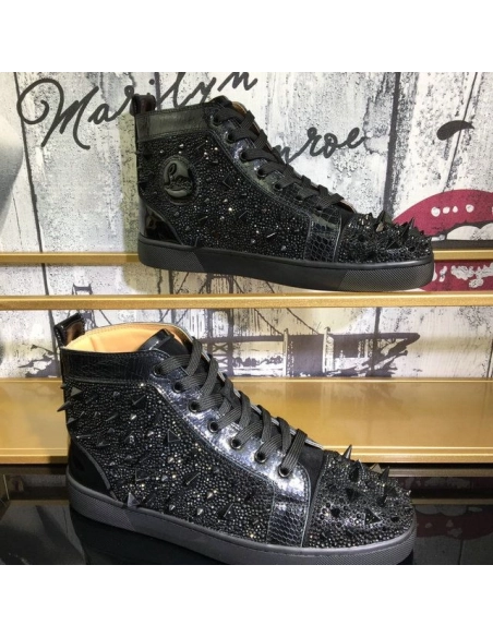 Fake Christian Louboutin Lou Pik Pik Strass High-Top Sneakers Spikes Leather Black