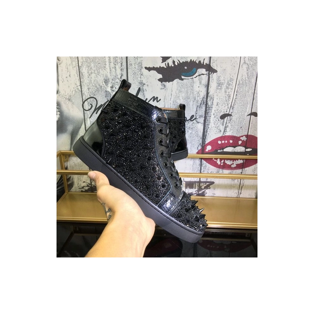 Fake Christian Louboutin Lou Pik Pik Strass High-Top Sneakers Spikes Leather Black