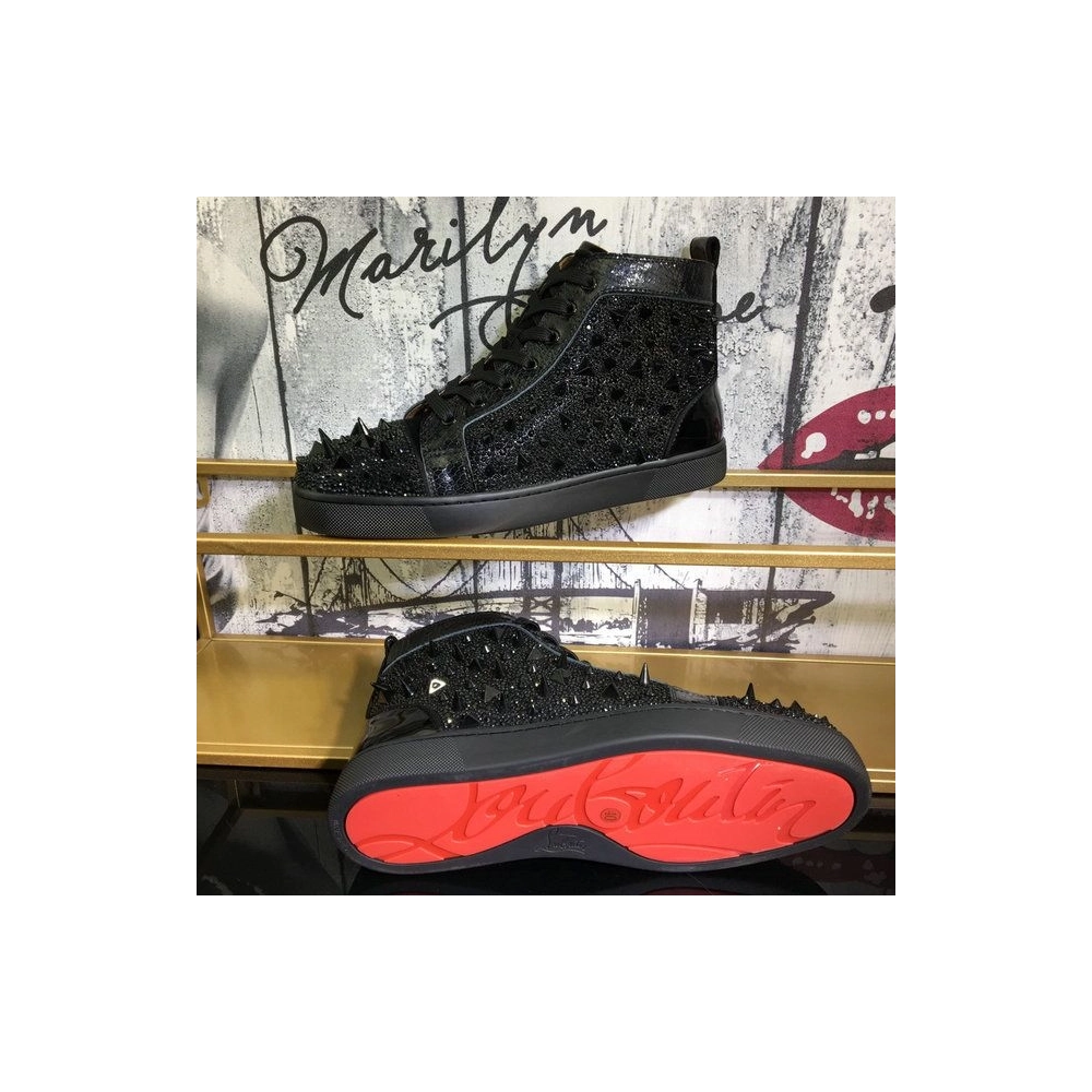 Fake Christian Louboutin Lou Pik Pik Strass High-Top Sneakers Spikes Leather Black