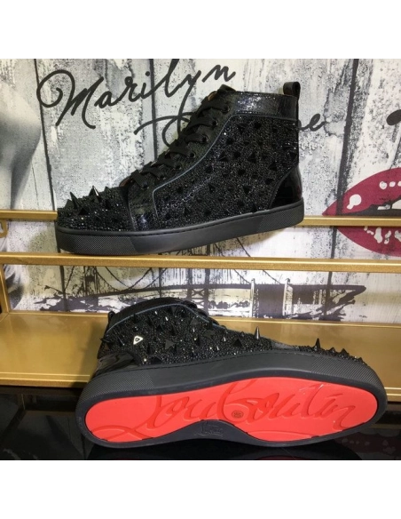 Fake Christian Louboutin Lou Pik Pik Strass High-Top Sneakers Spikes Leather Black