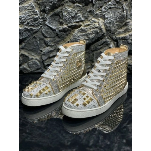Christian Louboutin Mixkeoshell Flat High-top Sneakers Spikes and Strass Silver Gold Outlet Sale
