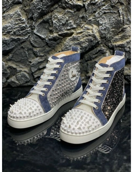 Knockoff Christian Louboutin Lou Pik Pik High-top Sneakers Denim and Strass Blue White