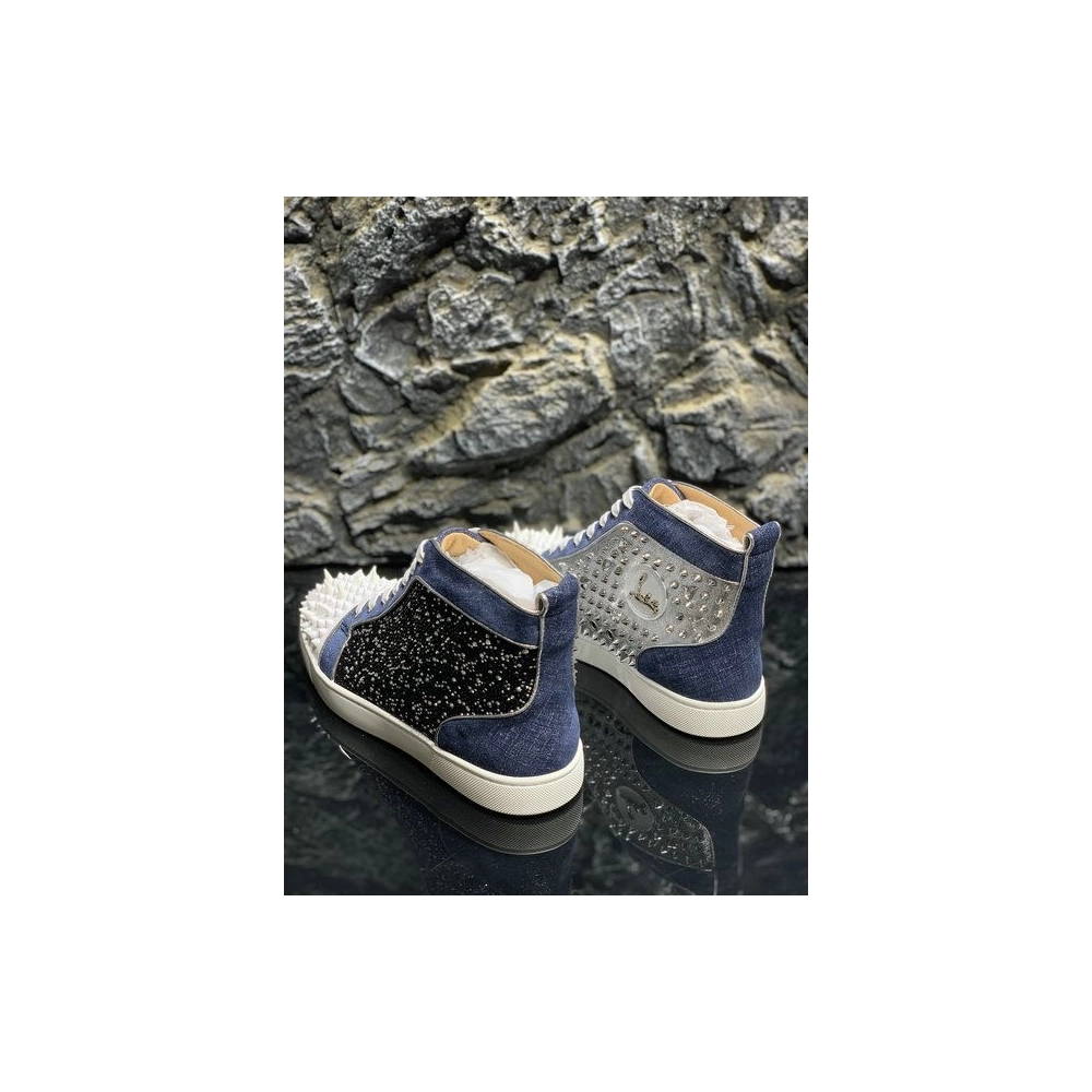 Knockoff Christian Louboutin Lou Pik Pik High-top Sneakers Denim and Strass Blue White