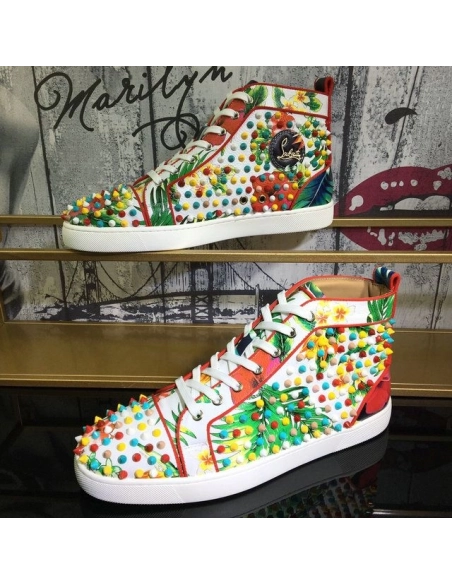 Fake Christian Louboutin Louis Orlato Spikes Men Sneakers Crackled Calfskin Hawaii Print Multicolor