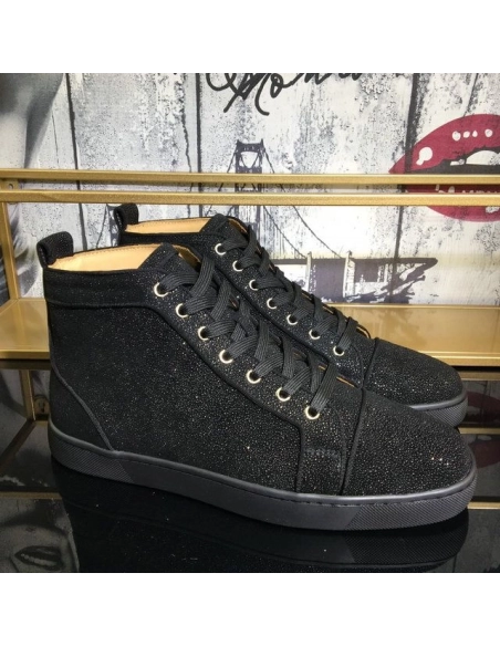 Fake Christian Louboutin Louis Strass High-Top Men Sneakers Veau Velours All Black