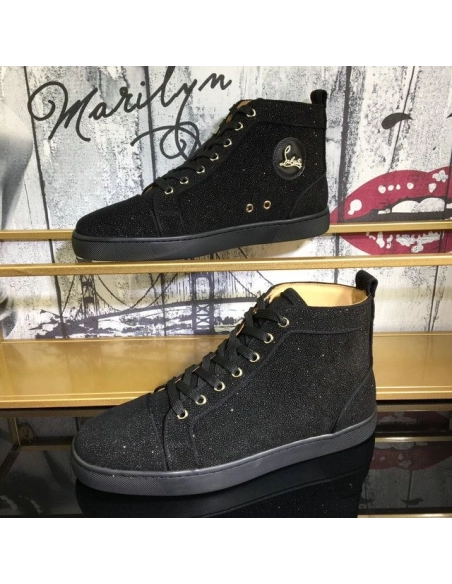 Fake Christian Louboutin Louis Strass High-Top Men Sneakers Veau Velours All Black