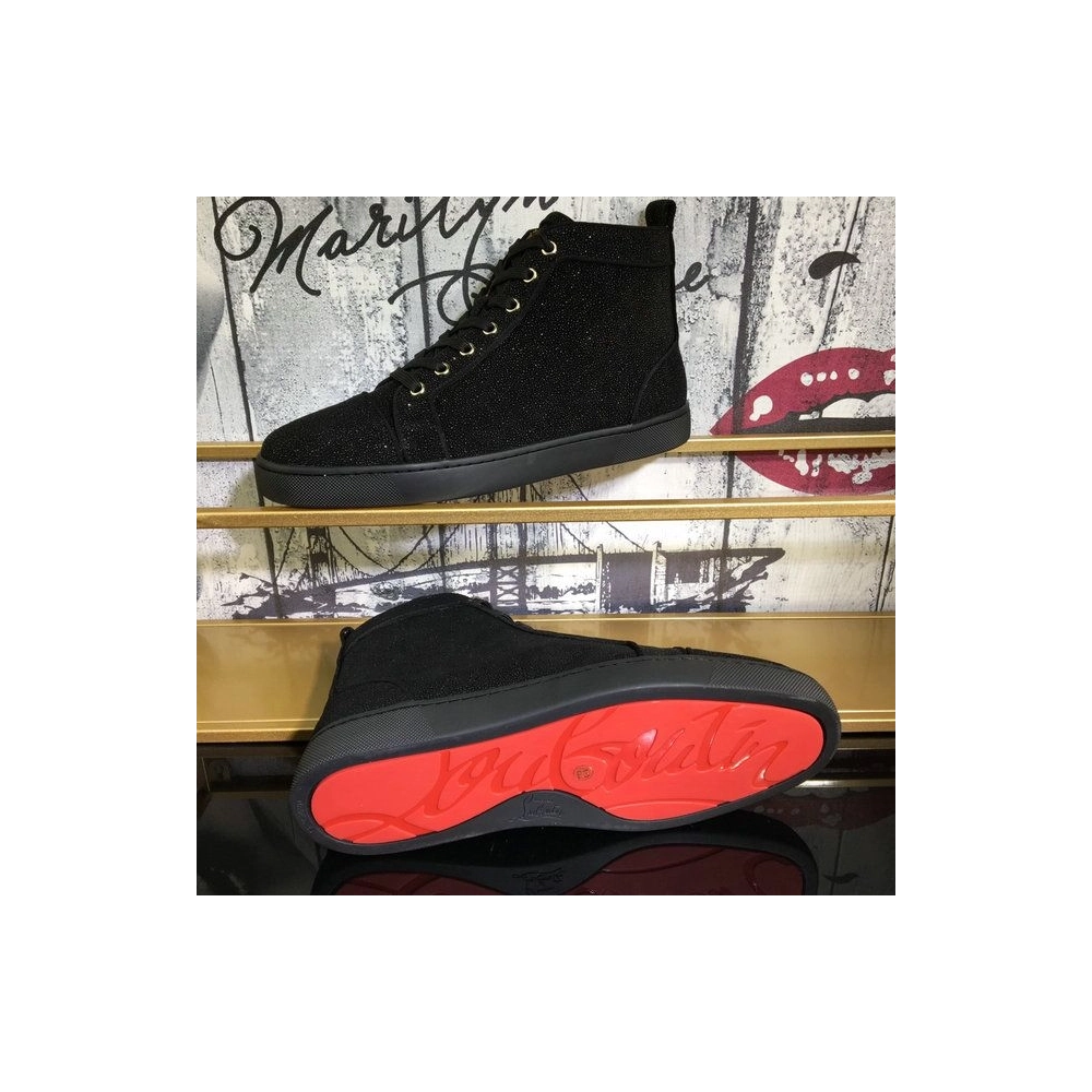 Fake Christian Louboutin Louis Strass High-Top Men Sneakers Veau Velours All Black