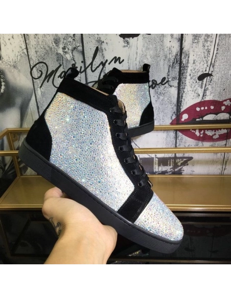 Replica Christian Louboutin Louis Strass High-Top Sneakers Veau Velours Black