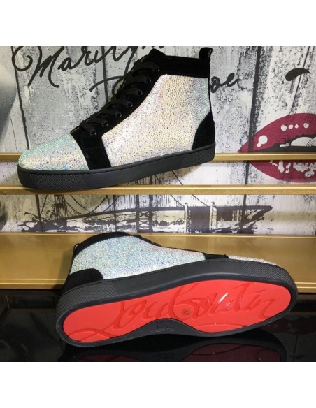 Replica Christian Louboutin Louis Strass High-Top Sneakers Veau Velours Black