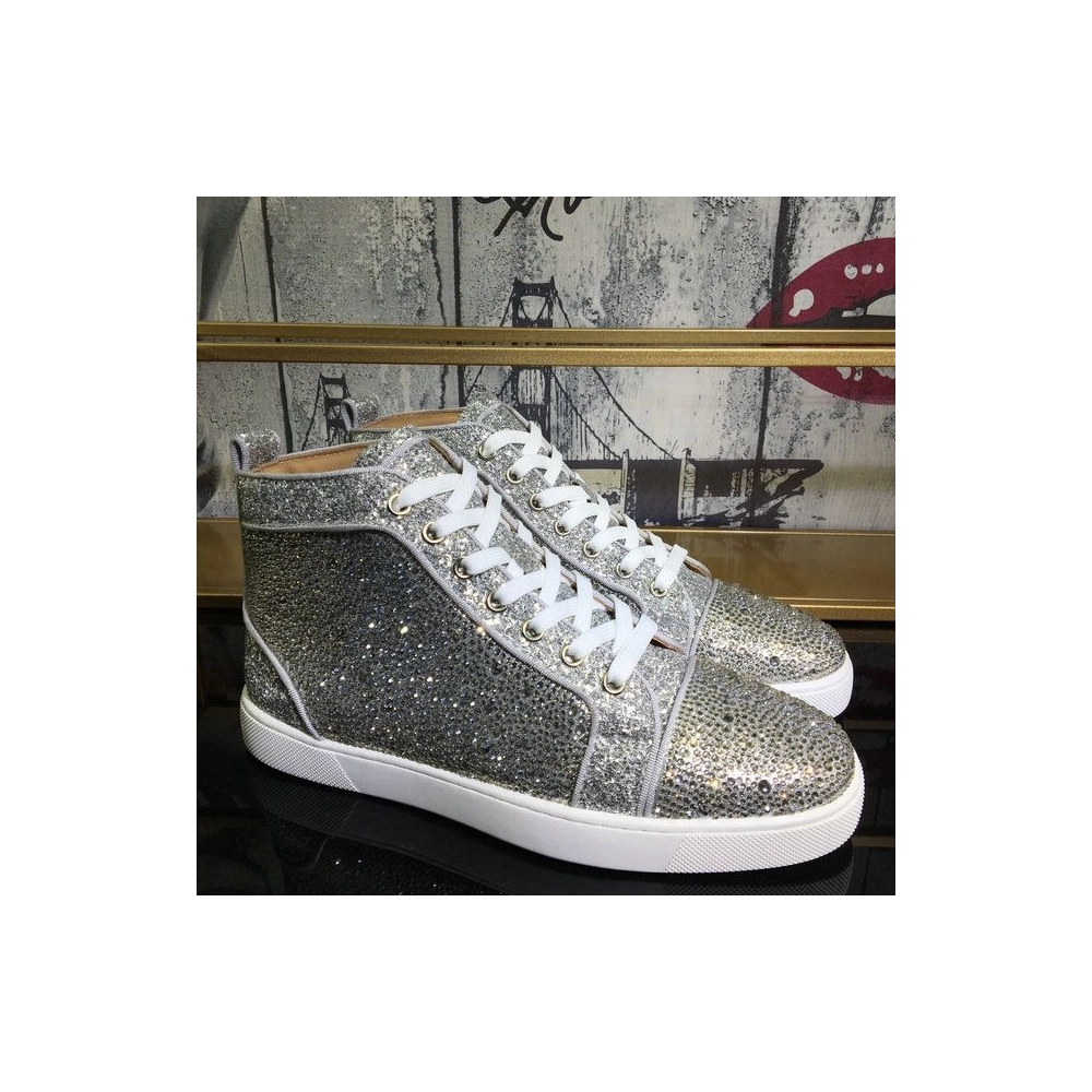 Fake Christian Louboutin Louis Strass High-Top Sneakers Suede and Glitter Leather Silver