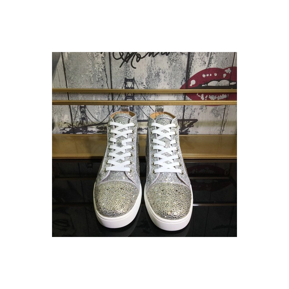 Fake Christian Louboutin Louis Strass High-Top Sneakers Suede and Glitter Leather Silver