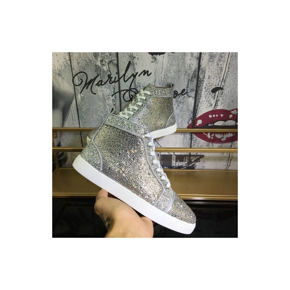 Fake Christian Louboutin Louis Strass High-Top Sneakers Suede and Glitter Leather Silver