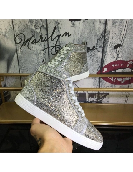 Fake Christian Louboutin Louis Strass High-Top Sneakers Suede and Glitter Leather Silver