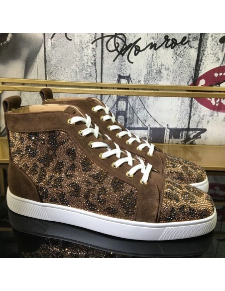 Cheap Christian Louboutin Louis Strass High-Top Sneakers Suede Leather Version Moka
