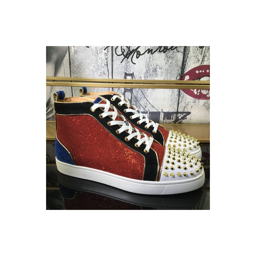 Knockoff Christian Louboutin Louis Spikes High-Top Sneakers Suede and Glitter Leather Multicolor