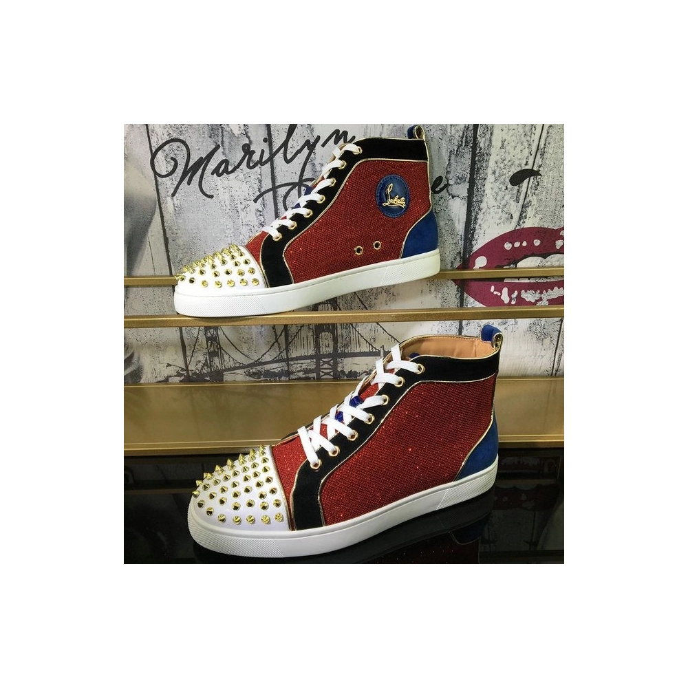 Knockoff Christian Louboutin Louis Spikes High-Top Sneakers Suede and Glitter Leather Multicolor