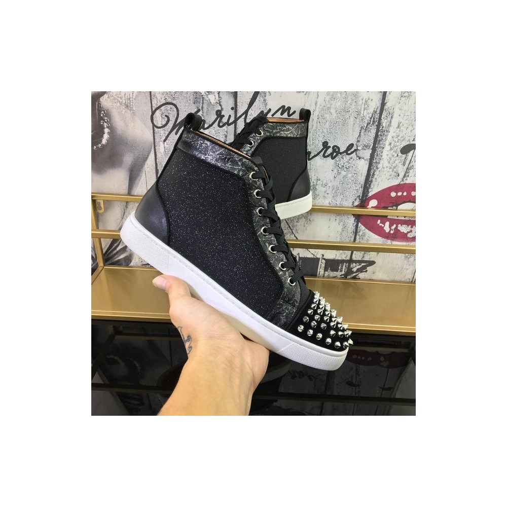 Fake Christian Louboutin Lou Spikes Orlato High-top Sneakers Nubuck And Leather Black White