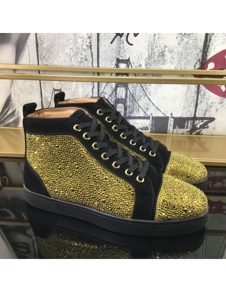 Discount Christian Louboutin Louis Strass Sneakers Suede Calf And Strass Black Gold Outlet